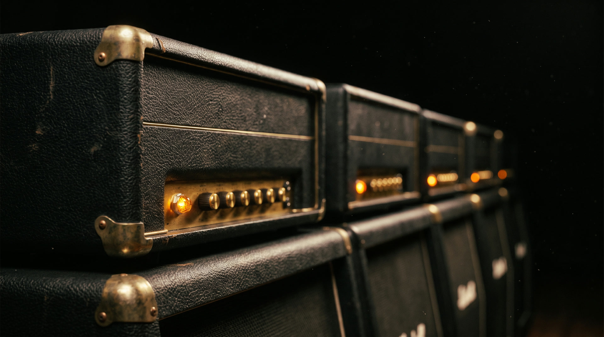 A row of amplifier heads receding into darkness, each with its amber pilot lamp lit.